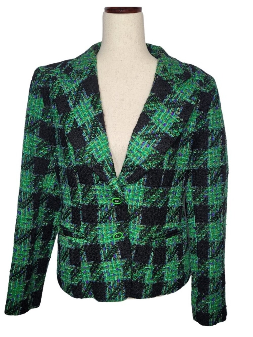 Anne Bowen LTD Women Green Plaid Tweed Jacket Sz 12